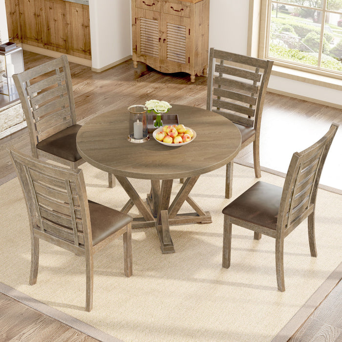 5 Pieces Dining Set, Round Counter Table Modern Farmhouse Rustic - Distressed Brown