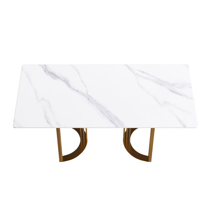 70.87" Modern Artificial Stone White Straight Edge Golden Metal Leg Dining Table, Can Accommodate 6-8 People - White / Gold