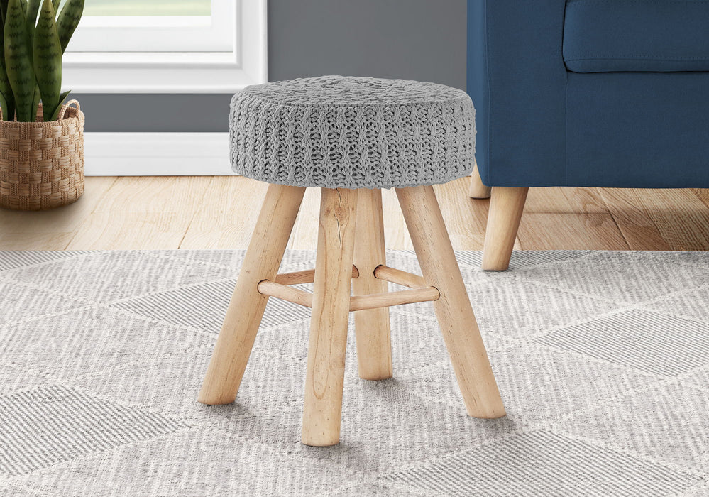 Ottoman, Pouf, Footrest, Foot Stool, Round Velvet, Natural Wood Legs, Contemporary, Modern - Gray