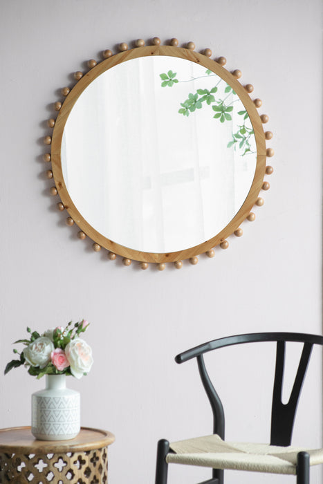 Wood Round Mirror With Beaded Frame, Circle Wall Mirror For Living Room Bedroom Entryway - Brown