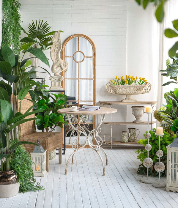 Round Wooden Table With Metal Scrollwork Legs - White