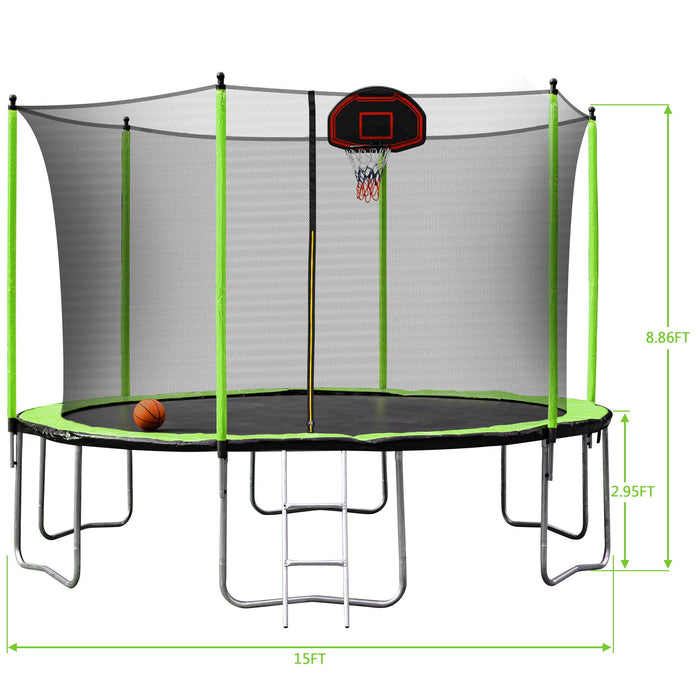 15Ft Trampoline With Basketball Hoop Inflator And Ladder (Inner Safety Enclosure)