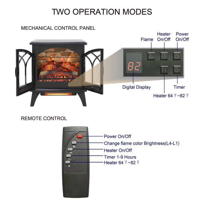 3D Flame Electric Infrared Quartz Fireplace Stove With Remote Control - Antique Black