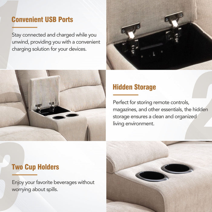 Modern Manual Reclining Living Room Furniture Set With USB Ports, Hidden Storage, Led Light Strip And 2 Cup Holders - Cream