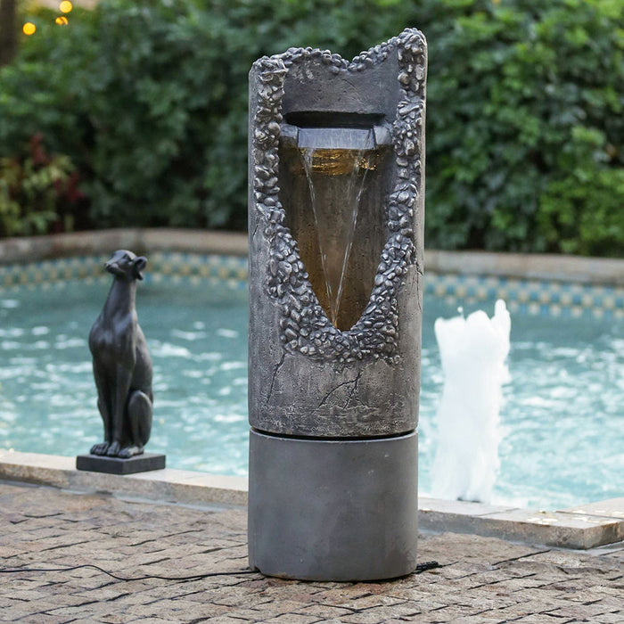 Large Contemporary Outdoor Water Fountain With Light, Unique Waterfall Fountain - Stone Gray