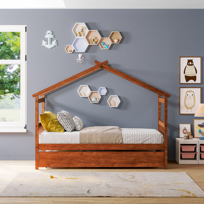 Twin Size Wooden House Bed With Twin Size Trundle Walnut