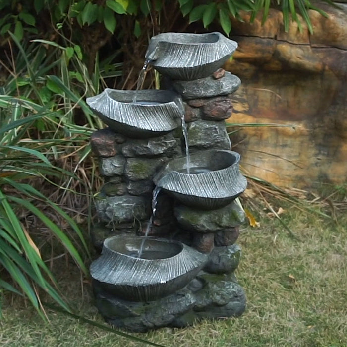 Indoor Outdoor Stone Water Fountain, 4 Tier Polyresin Cascading Rock Bowl Freestanding Fountain With LED Ligh - Gray