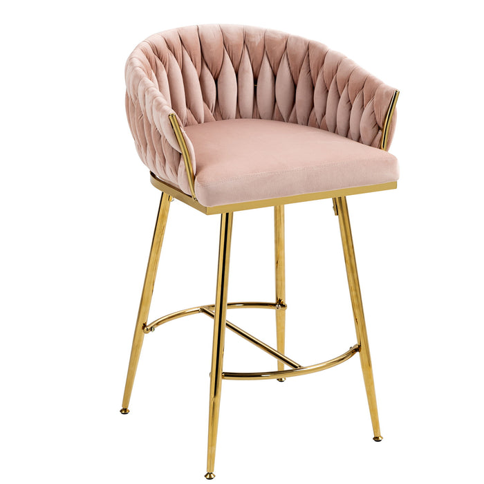 Counter Height Bar Stools (Set of 2) Kitchen Island Counter Bar Stool With Hand-Wave Back, Golden Chromed Base And Footrest - Pink