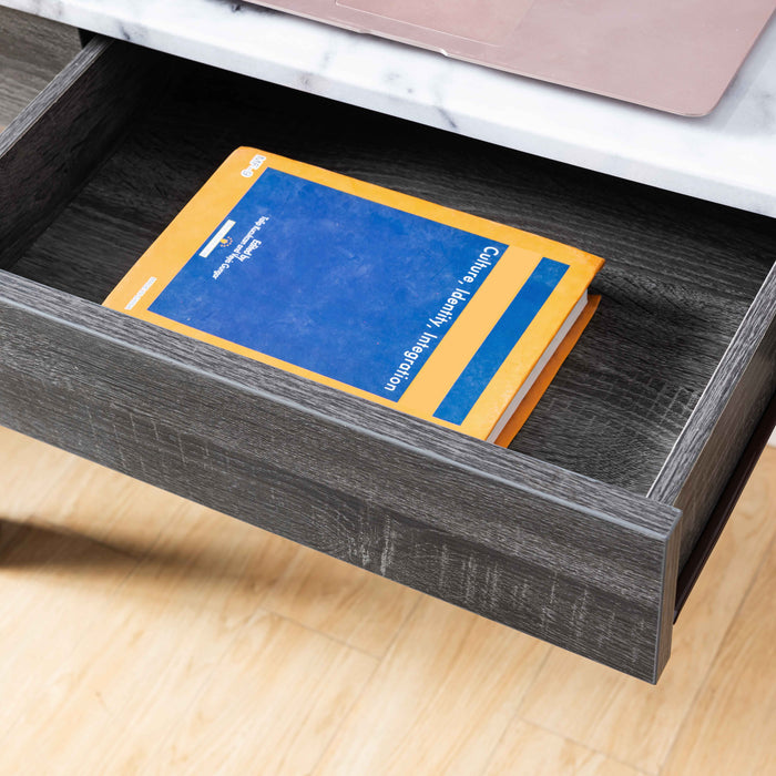 Laptop Desk, Glossy Marble Tabletop With Storage Drawer - Faux Marble White & Distressed Grey