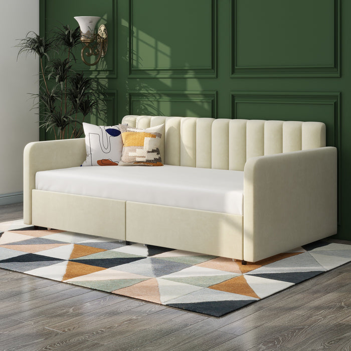 Flora - Upholstered Daybed With 2 Drawers Ribbed Tufted Backrest in Lavish Modern Design