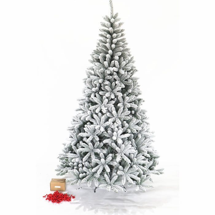 7.5ft Hinged Flocked Christmas tree with foldable metal stand - Antique Grey White