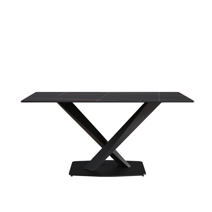 Modern Artificial Stone Straight Edge Metal X-Leg Dining Table, 6 People - Black