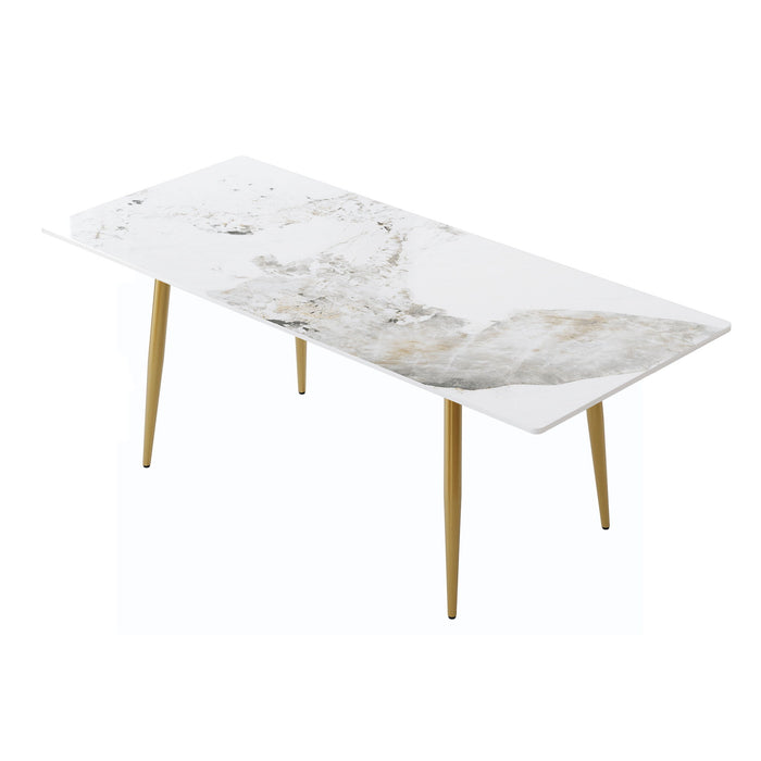 78.74" Modern Artificial Stone Pandora Straight Edge Golden Metal Leg Dining Table, Can Accommodate 8 People - White