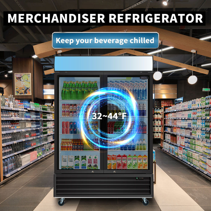 Glass Door Merchandiser Refrigerator 44.7 Cu.Ft Swing Door Commercial Display Refrigerators Merchandising Refrigeration With LED Top Panel - Black