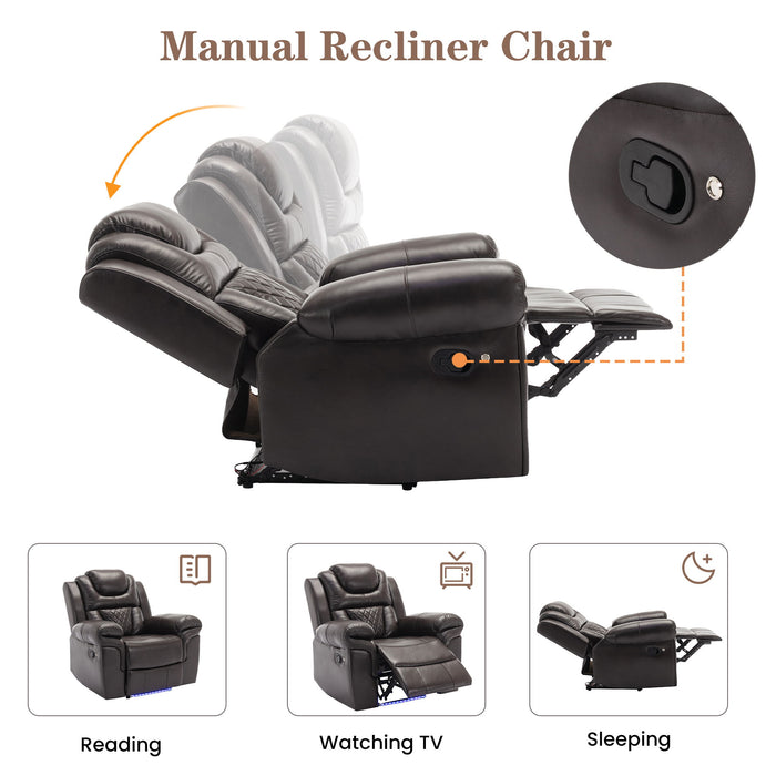 Home Theater Seating Manual Recliner Chair With Center Console And Led Light Strip For Living Room