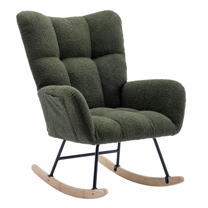 30.3" Rocking Chair With Pocket, Soft Teddy Fabric Rocking Chair For Nursery, Comfy Wingback Glider Rocker With Safe Solid Wood Base For Living Room Bedroom Balcony - Dark Green