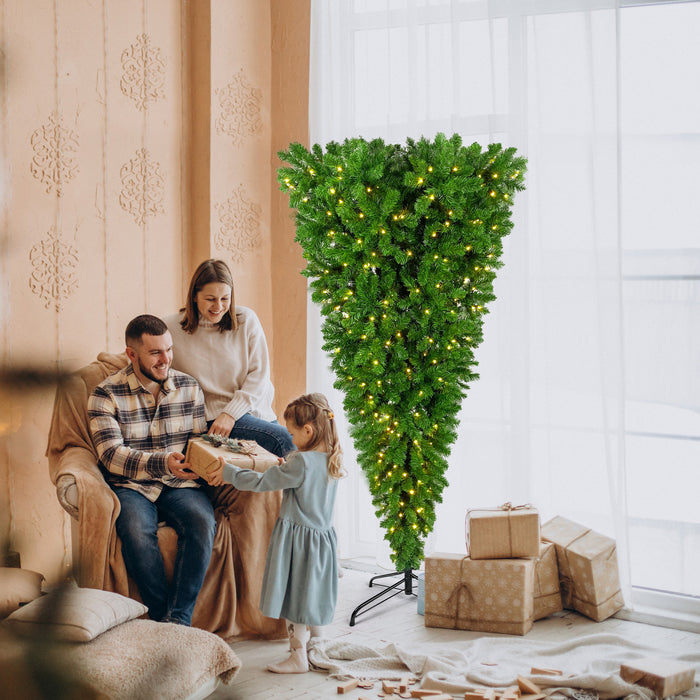 6ft Upside Down Christmas Tree with LED Warm White Lights and Metal Base - Green Leaf