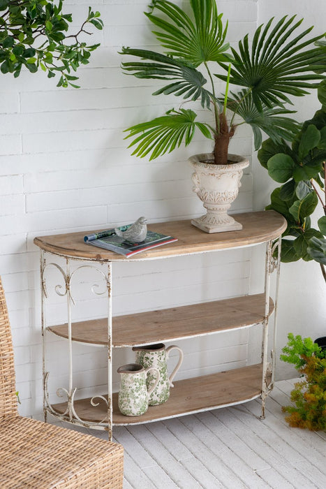 Three Tiered White Wooden Shelving Unit With Ornate Iron Frame - Multicolor