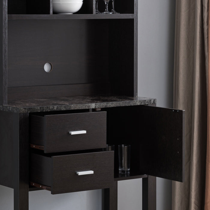 Bakers Rack Cabinet, Kitchen Cabinet With Storage Compartments - Red Cocoa & Faux Marble Black