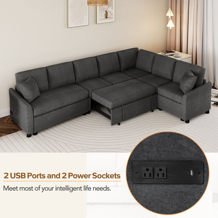 L-Shaped Sofa Convertible Sofa Bed Pull Out Sofa Sleeper With Two Back Pillows, Two USB Ports And Two Power Sockets For Living Room