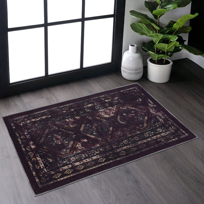 2' x 3' Machine Washable Area Rugs, Low-Pile, Non-Slip, Non-Shedding, Foldable, Kid & Pet Friendly, Area Rugs For Living Room, Bedroom, Kitchen, Dining Room Rug, Perfect Gifts - Black / Burgundy