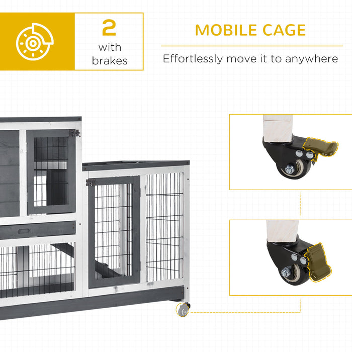 Pawhut - Wooden Rabbit Hutch Elevated Bunny Cage Indoor Small Animal Habitat With Enclosed Run With Wheels, Ramp, Removable Tray Ideal For Guinea Pigs - Gray