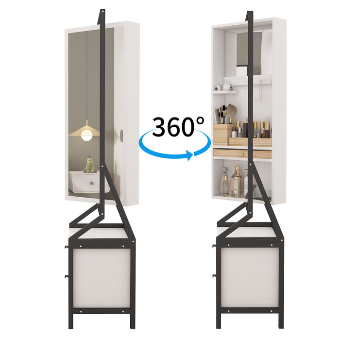 Modern Design Rotating Floor Standing Mirror Closet & Spacious Storage Area - White