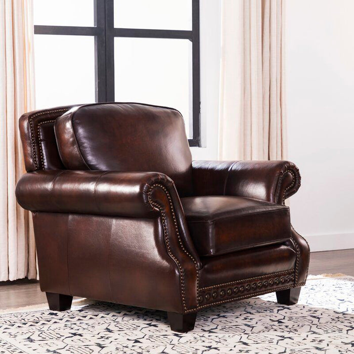 Traditional Roll Arm Nailhead Leather Chair - Brown