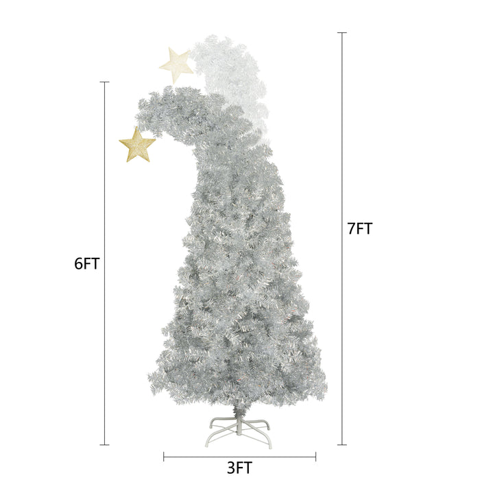 6 Ft Christmas Tree with 300 Colorful LED Lights, Bent Top With Gold Star - White