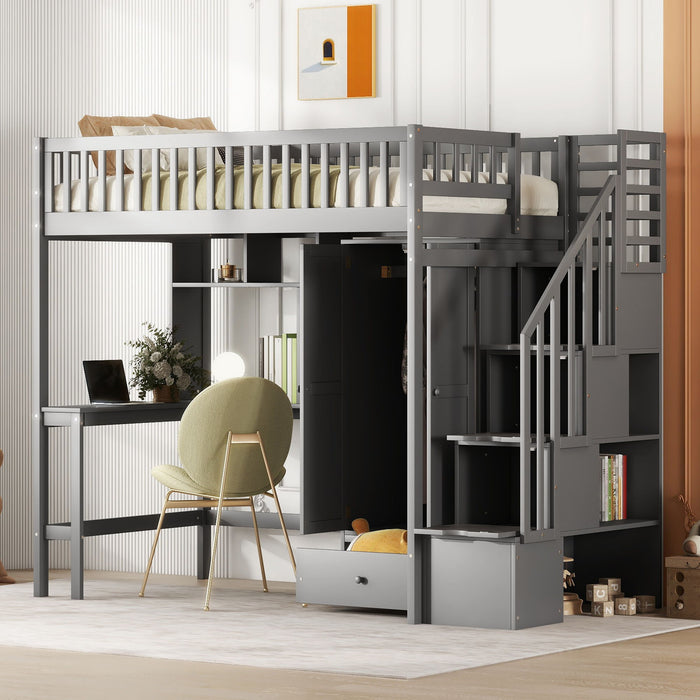 Twin Size Loft Bed With Bookshelf, Drawers, Desk, And Wardrobe - Gray