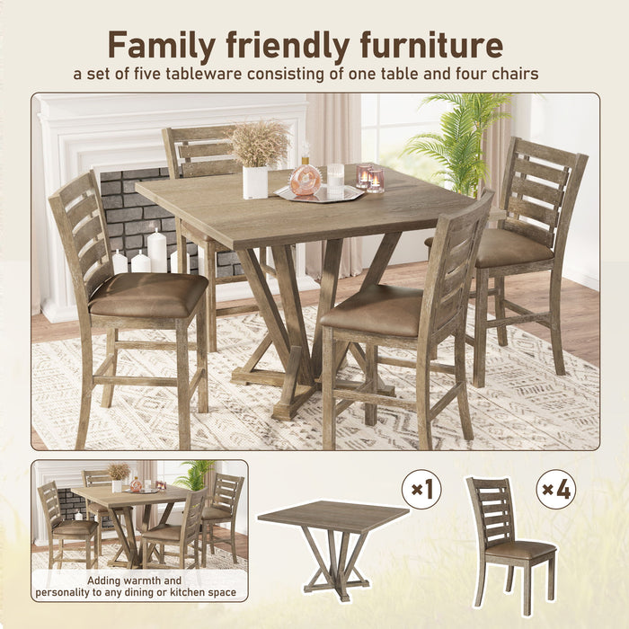 5 Pieces Dining Set, Square Counter Table Modern Farmhouse Rustic - Distressed Brown