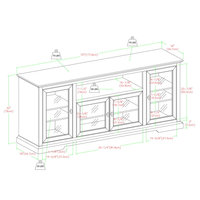 Transitional Classic 70" TV Stand For 80" TVs With 4 Glass Doors