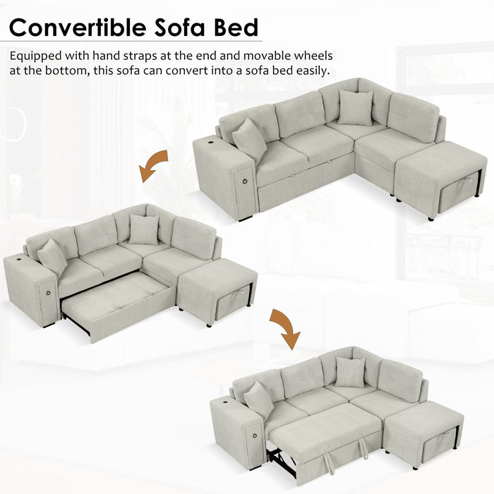 Sectional Sofa L-Shaped Sofa Couch Pull-Out Sofa Bed With A Movable Ottoman, Two USB Ports And Two Cup Holders For Living Room