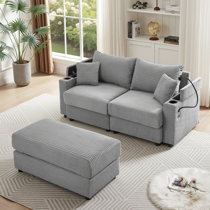 Modern Style Loveseat Sofa Sectional Sofa Couch With Storage Space, A Movable Ottoman, Two USB Ports, Two Cup Holders, A Phone Holder For Living Room