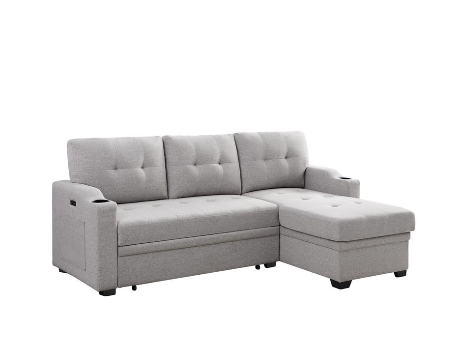 Mabel - Linen Fabric Sleeper Sectional With Cupholder, USB Charging Port And Pocket