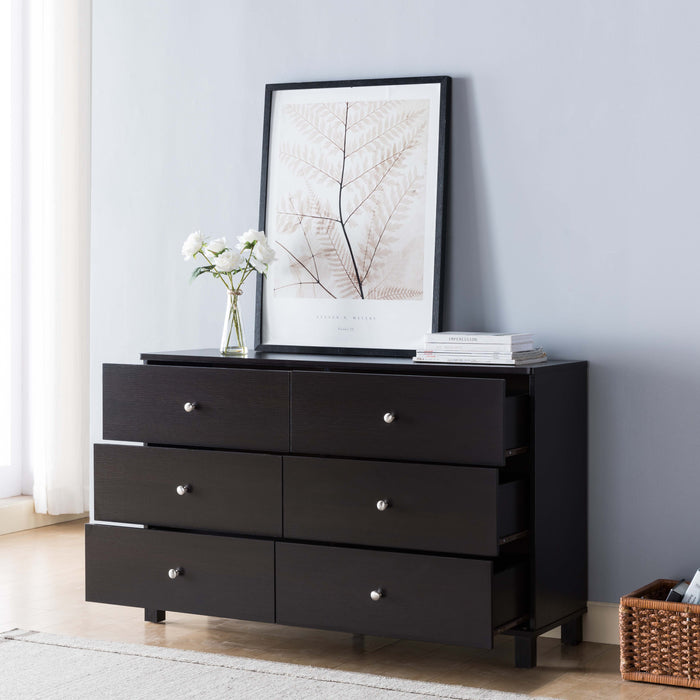 Modern Dresser With Six Drawers And Metal Knob Handles