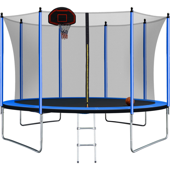 10Ft Trampoline With Basketball Hoop Inflator And Ladder (Inner Safety Enclosure) - Blue