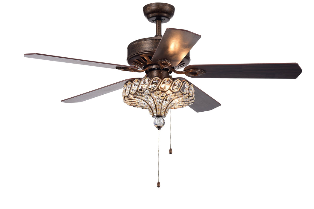 Classical Crystal Ceiling Fan Lamp, 3 Speed, 5 Reversible Blades For Living Room, Dining Room, Bedroom, Family Room, 3 Pieces*E12 (No Include Bulb, Hand Pull Chain) - Rustic Bronze