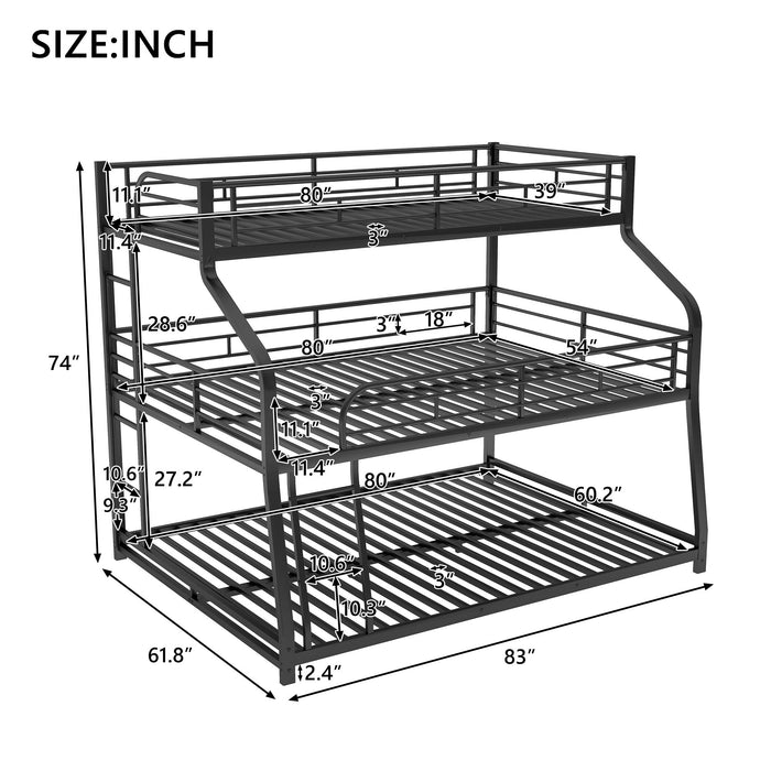 Twin Long / Full Long / Queen Triple Bunk Bed With Long And Short Ladder And Full-Length Guardrails - Black