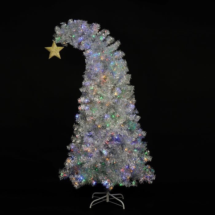 6 Ft Christmas Tree with 300 Colorful LED Lights, Bent Top With Gold Star - White