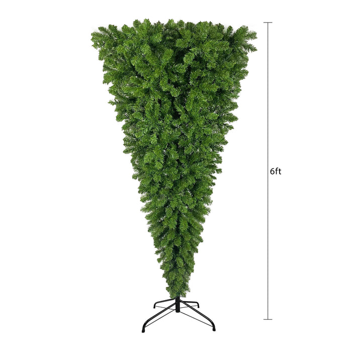 6ft Upside Down Christmas Tree with LED Warm White Lights and Metal Base - Green Leaf