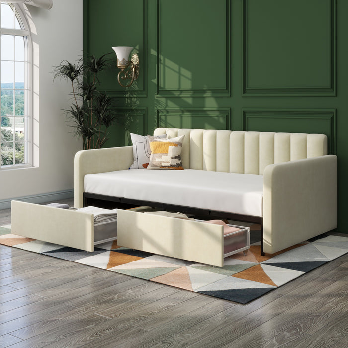 Flora - Upholstered Daybed With 2 Drawers Ribbed Tufted Backrest in Lavish Modern Design