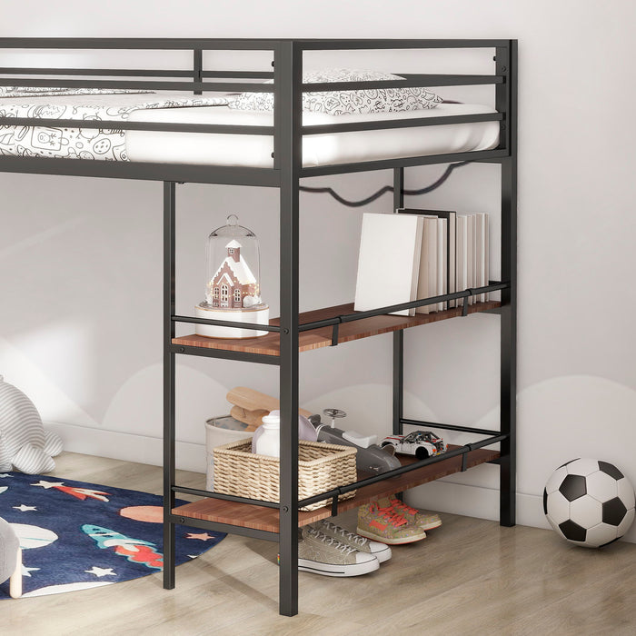 Adam - Junior Twin Loft Bunk Bed - Black With Cinnamon Wood Shelf