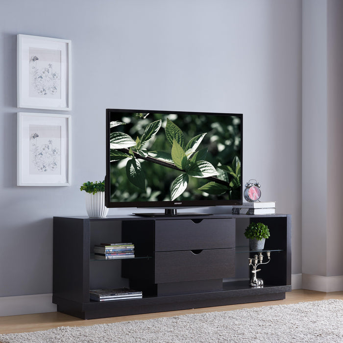 TV Stand With Two Large Drawers And Two Glass Shelves - Red Cocoa