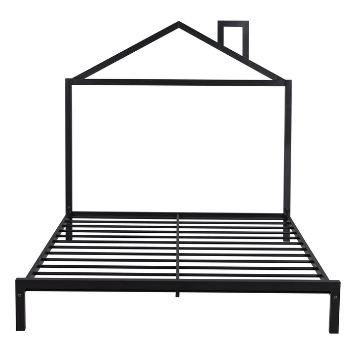 Full Size Metal Platform Bed With House-Shaped Headboard Design