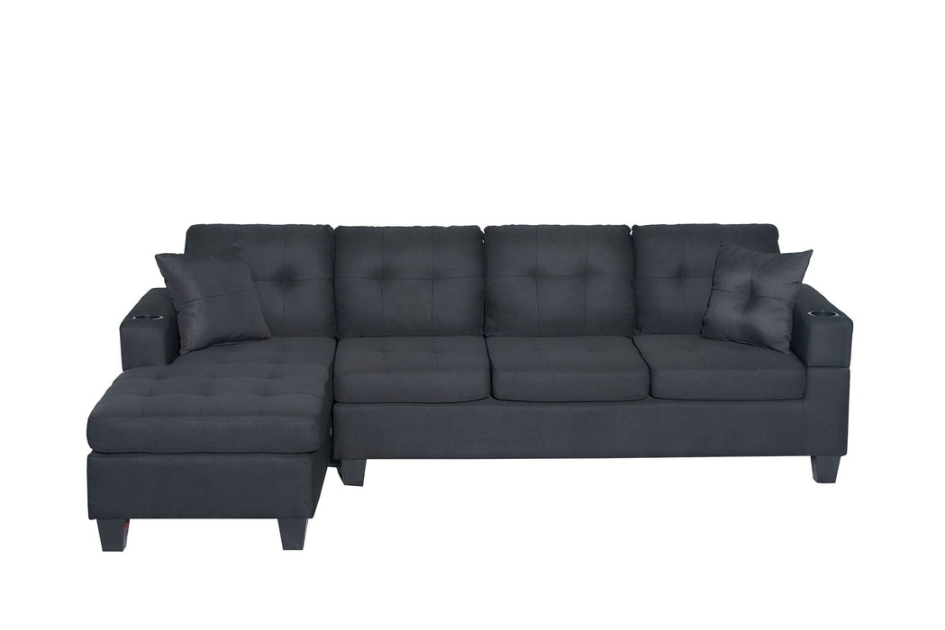 Nala - Wide Fabric Reversible Sectional Sofa With Cupholders And 2 Throw Pillows - Black