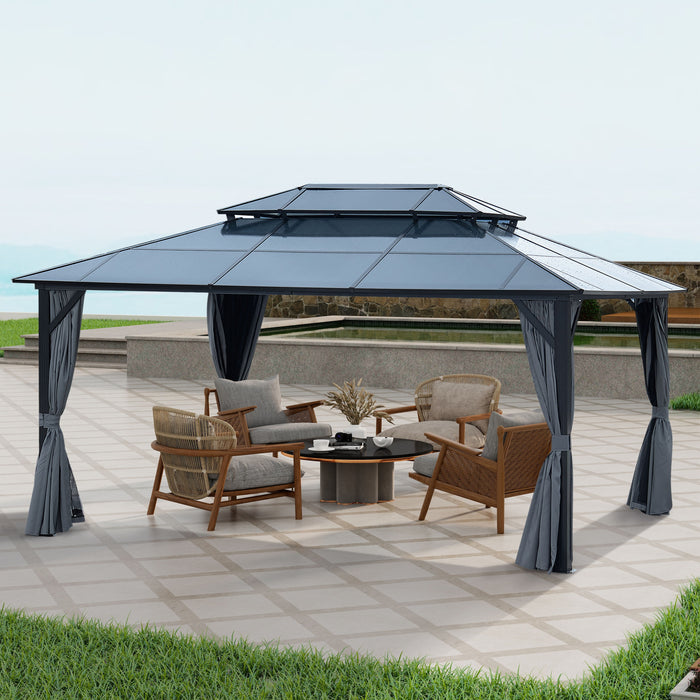 Hardtop Gazebo For Patios, Outdoor Framed Gazebo With Polycarbonate Double Roof Canopy, Solid Framed Gazebo With Privacy Curtains And Mosquito Nettings For Garden, Backyard