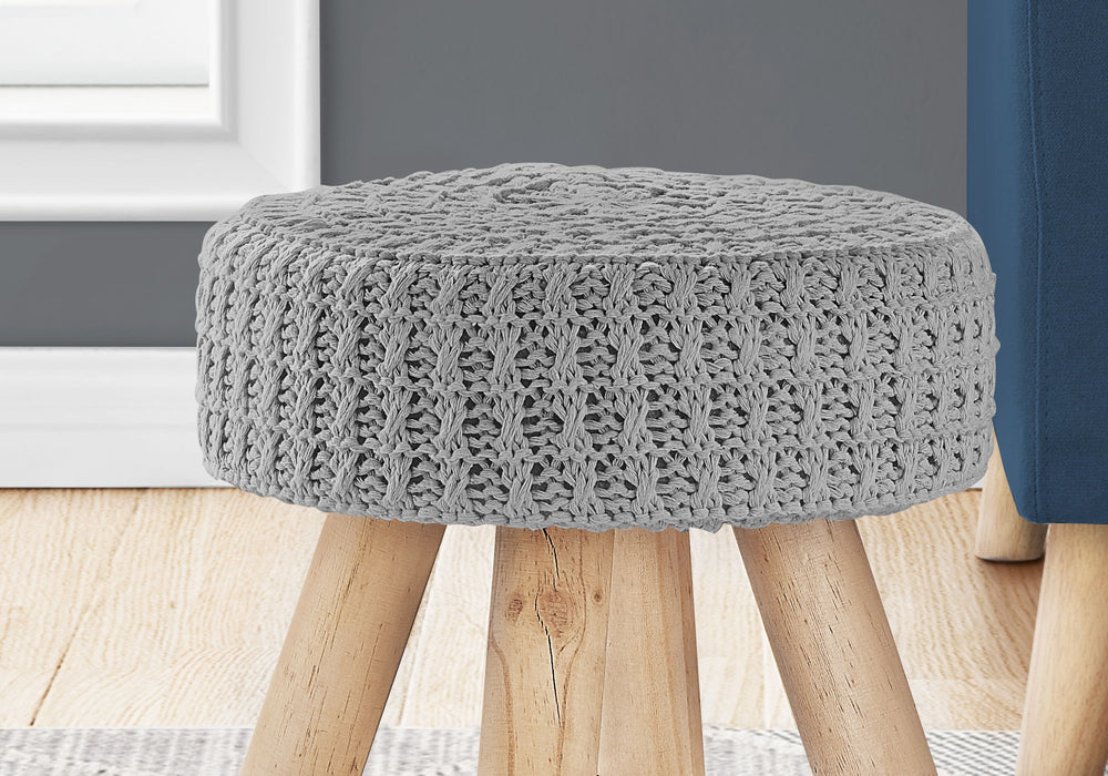 Ottoman, Pouf, Footrest, Foot Stool, Round Velvet, Natural Wood Legs, Contemporary, Modern - Gray