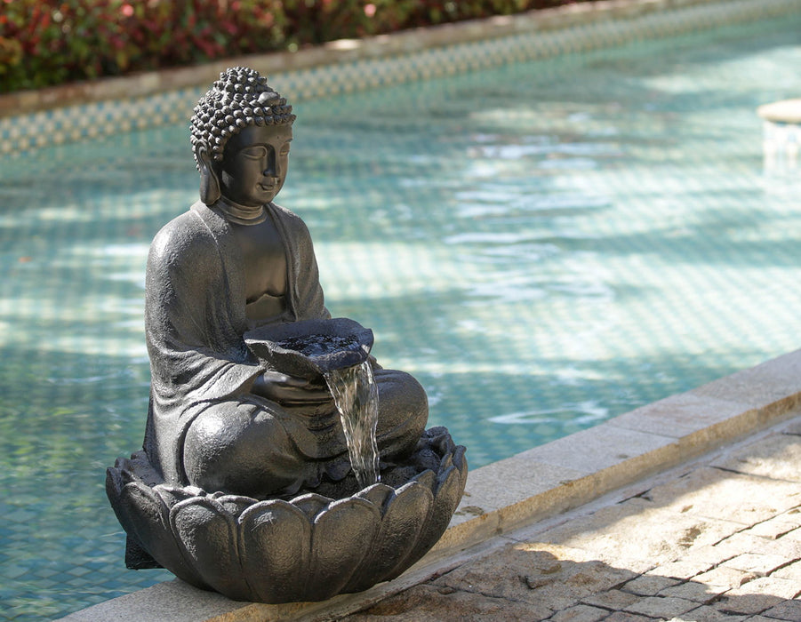 Buddha Statue Water Fountain, Indoor Outdoor Polyresin Fountain With Light - Dark Gray