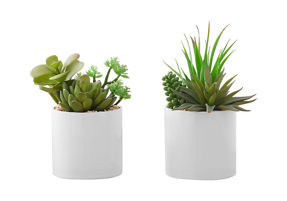 Artificial Plant, 7" Tall, Succulent, Indoor, Faux, Fake, Table, Greenery, Potted, Decorative (Set of 2) - Green / White